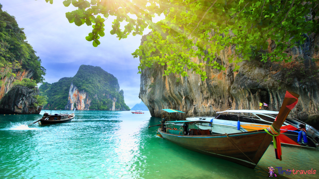 tropical holidays - amazing beaches with Longtail boat at famous sunny Long Beach, Krabi Thailand, Andaman sea