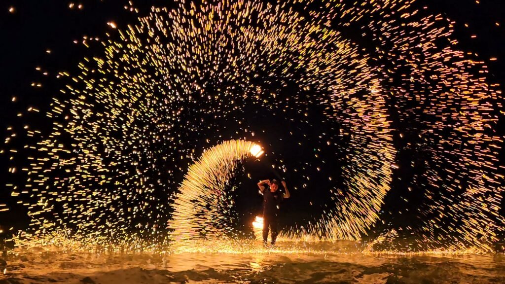 Koh Samui beach front fire show, Thailand. Koh Samui hotel, Koh Samui weather at night