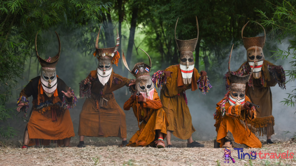 Phi ta khon festival ghost mask and colorful costume fun
traditional thailand mask the show art and culture loei
province Dan Sai thailand festival/ phi ta khon or halloweer
of Thailand