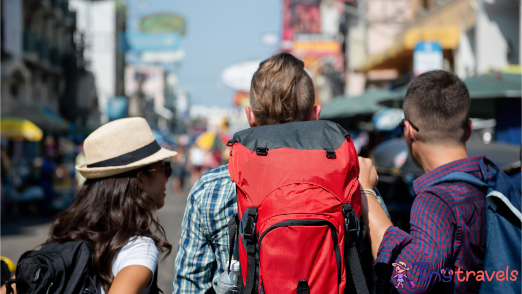 Tourist backpacker friends in Khao San road Bangkok Thailand⁠