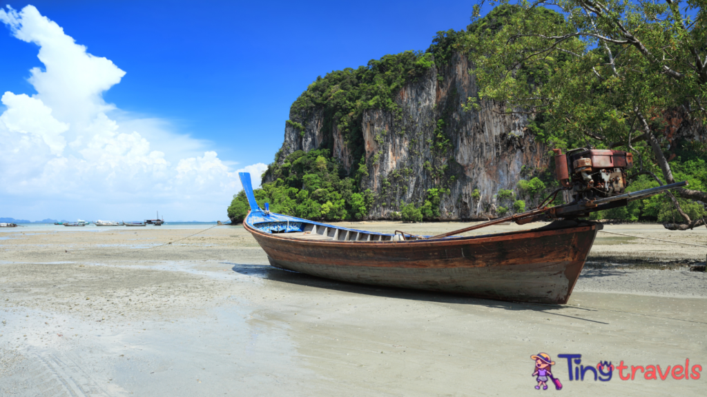 Beached long tail boat at Phra Nang Beach⁠
