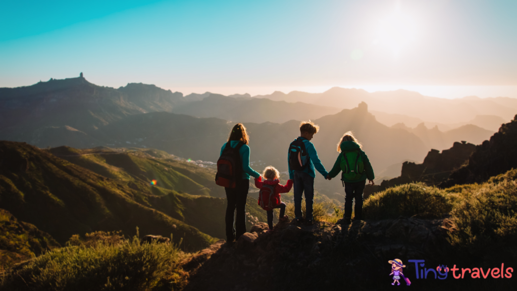 Mother with kids travel in mountains, family hiking⁠