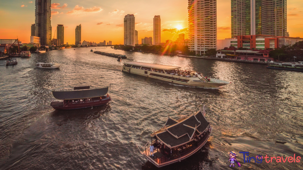 Busy Chao Phraya River in Bangkok, Thailand⁠
