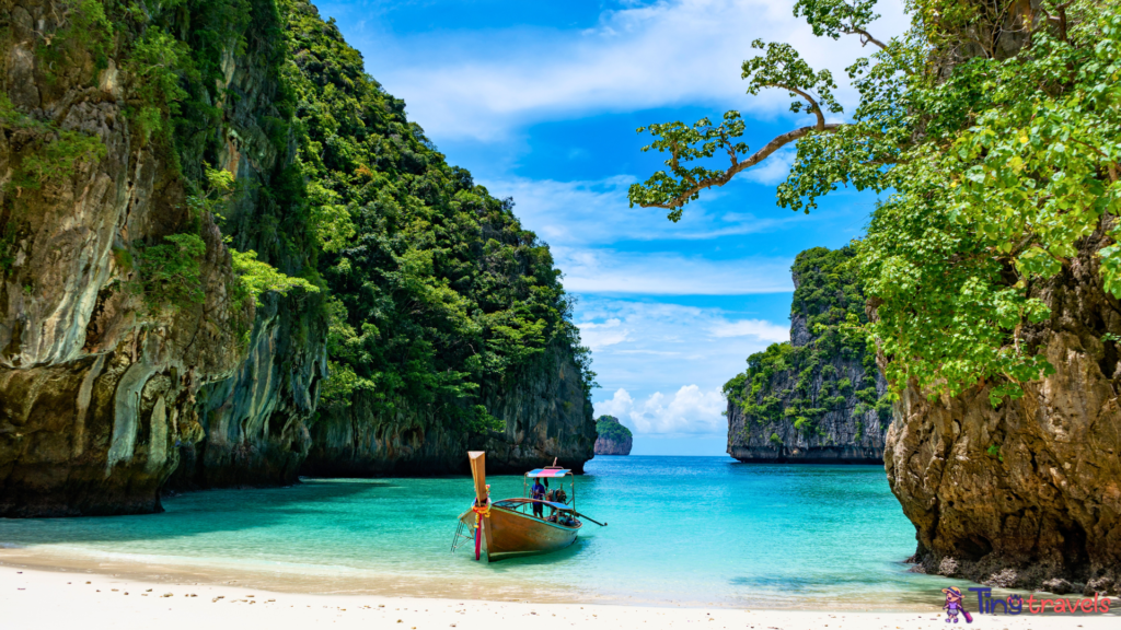 Boat in Loh Samah Bay in Phi Phi Island, Thailand⁠
