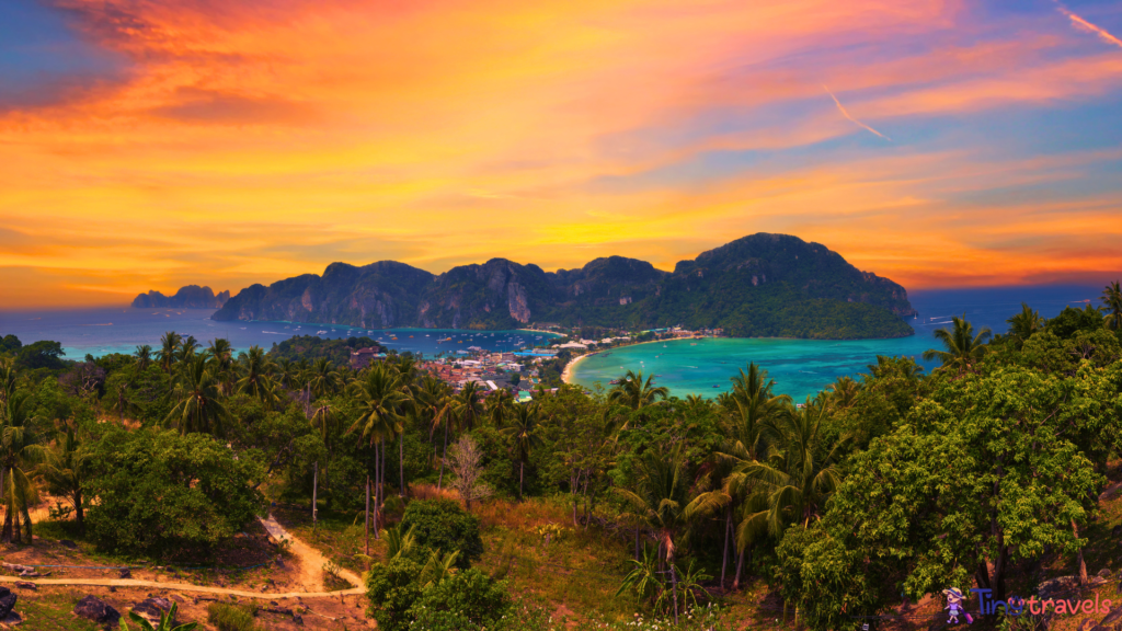 Sunset over Tonsai Village and the Mountains of Koh Phi Phi Island in Thailand⁠