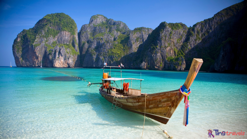 Traditional longtail boat with beautiful scenery view at Maya Bay 