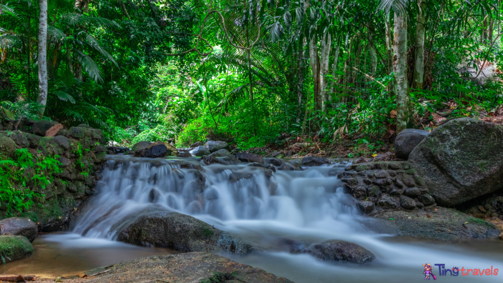 Kathu waterfall water gently flowing down the rocks Patong Phuket Thailand Asia⁠