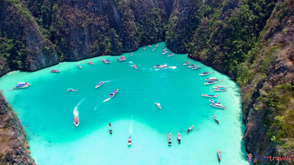 Aerial View of the famous Pileh Lagoon. The small and
beautiful Bay is located within the Island Ko Phi Phi Leh just
south of the main lsland Ko Phi Phi Don.