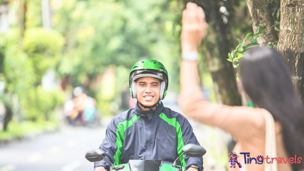 Woman Standing on Sidewalk Ordering Motorcycle Taxi ⁠