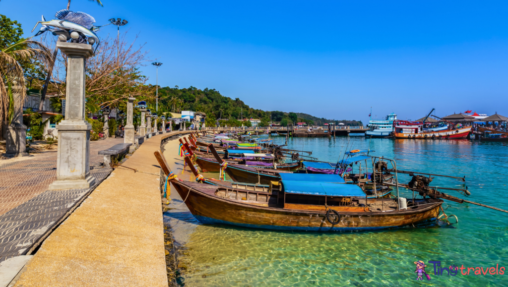 Taxi boats waiting for tourist on Ao Ton Sai at Phi Phi Island⁠