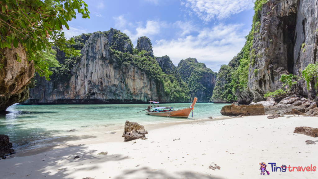 Traditional longtail boat with beautiful scenery view at Maya Bay on Phi Phi Leh Island in sunshine day.⁠